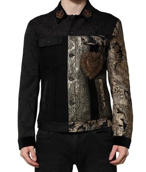 Dolce &amp; Gabbana Black Gold Floral Jacquard Men Biker Jacket