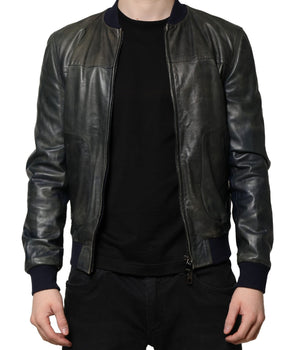 Dolce &amp; Gabbana Black Lambskin Leather Biker Full Zip Jacket