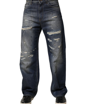 Dolce &amp; Gabbana Blue Washed Tattered Cotton Men Jeans