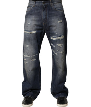 Dolce &amp; Gabbana Blue Washed Tattered Cotton Men Jeans