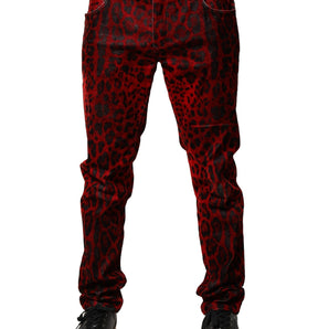 Vaqueros ajustados de algodón con estampado de leopardo rojo de Dolce &amp; Gabbana