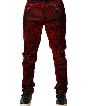 Dolce &amp; Gabbana Red Leopard Print Cotton Skinny Denim Jeans