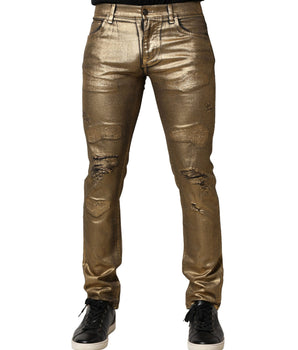 Dolce &amp; Gabbana Gold Tattered Cotton Stretch Slim Denim Jeans