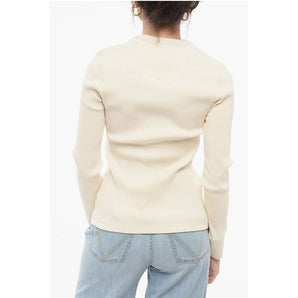 Bottega Veneta Crew Neck Ribbed Stretch Cotton Sweater with Buttons