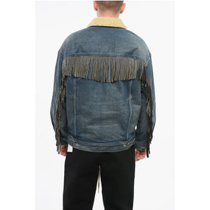 Celine Shearling Lined Denim Jacket with Rhinestoned Fringes