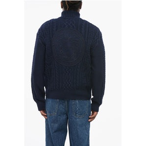 Versace Virgin Wool Zip-up Pullover with Cable Knit Design