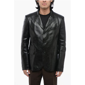 Versace Single Breasted Hammered Leather Blazer