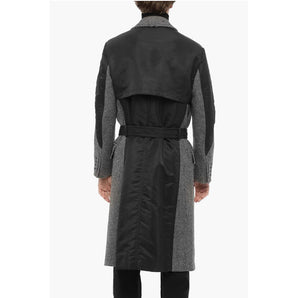 Neil Barrett Herringbone Motif Virgin Wool Double Breast Coat With Belt