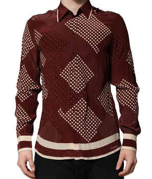 Dolce &amp; Gabbana Maroon Dotted Silk Long Sleeve Casual Shirt