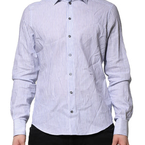 Dolce & Gabbana White Blue Striped Cotton Dress Formal Shirt