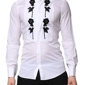Dolce &amp; Gabbana White Floral Embroidery Men GOLD Formal Shirt