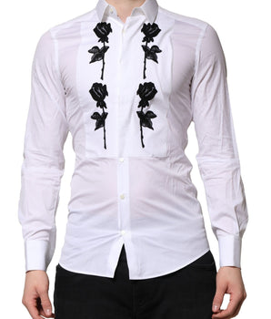 Dolce &amp; Gabbana White Floral Embroidery Men GOLD Formal Shirt