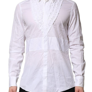 Dolce &amp; Gabbana White Cotton Ruffled Detailing Formal Shirt