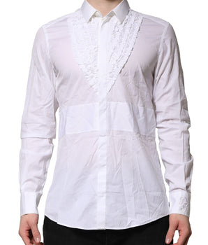 Dolce & Gabbana White Cotton Ruffled Detailing Formal Shirt