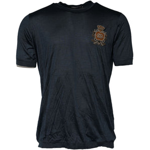 Dolce & Gabbana Dark Blue Silk Logo Patch Crew Neck T-shirt