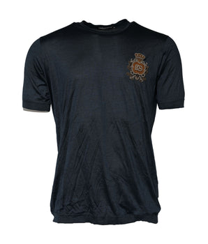 Dolce &amp; Gabbana Dark Blue Silk Logo Patch Crew Neck T-shirt