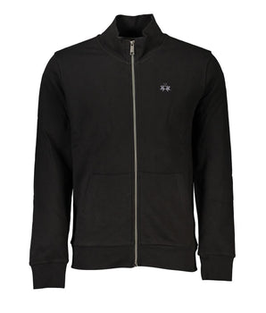 La Martina Black Cotton Men Sweater with Central Pockets and Zip