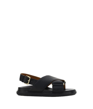 Marni Black Calf Leather Bos Taurus Flat Sandals