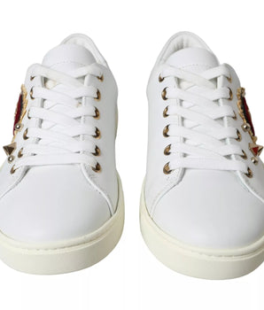 Dolce &amp; Gabbana White Leather Gold Red Heart Sneakers Shoes