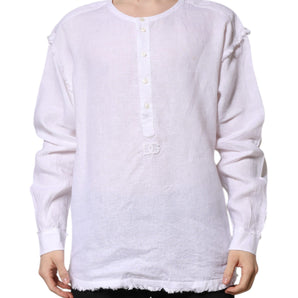 Dolce & Gabbana White Linen Long Sleeves Casual Men Shirt