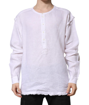 Dolce &amp; Gabbana White Linen Long Sleeves Casual Men Shirt