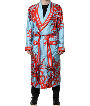 Dolce &amp; Gabbana Blue Red Coral Print Wrap Robe Coat Jacket
