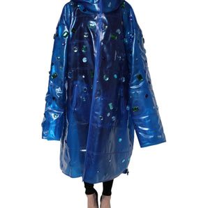 Dolce & Gabbana Blue Crystal Hooded Raincoat Jacket