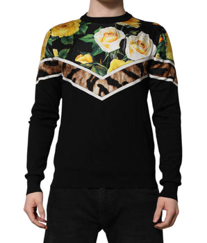 Dolce & Gabbana Black Silk Floral Crew Neck Pullover Sweater