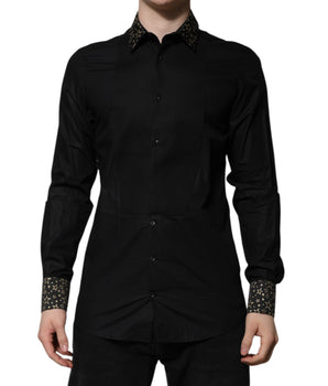 Camisa de vestir Dolce &amp; Gabbana de algodón negro dorado de manga larga