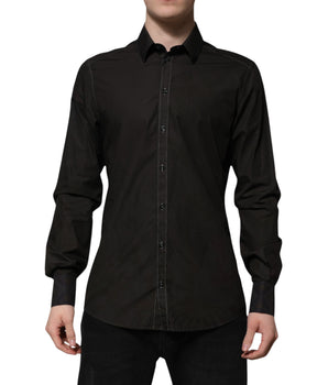 Camisa de vestir Dolce &amp; Gabbana de algodón negro con cuello dorado y jacquard