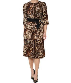 Vestido midi de corte A con cinturón y estampado de leopardo marrón de Dolce &amp; Gabbana