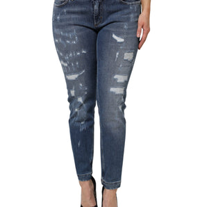 Dolce &amp; Gabbana Blue Tattered Cotton Low Waist Denim Jeans