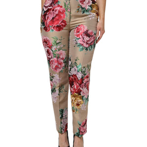 Dolce &amp; Gabbana Beige Floral Print Women High Waist Pants