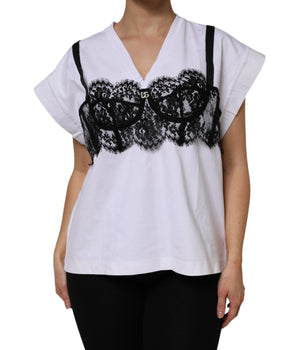 Top de algodón con encaje blanco y mangas cortas con escote en V de Dolce &amp; Gabbana