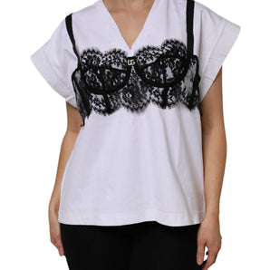 Dolce & Gabbana White Lace Cotton V-Neck Short Sleeves Top