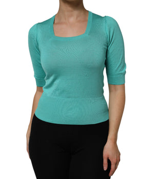 Top de seda azul aguamarina con cuello cuadrado y mangas cortas de Dolce &amp; Gabbana