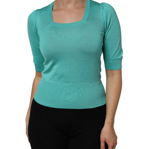 Dolce & Gabbana Aqua Blue Silk Short Sleeves Square Neck Top