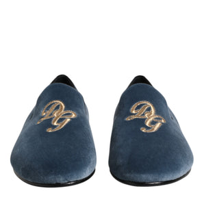 Dolce &amp; Gabbana Blue Velvet DG Logo Loafers Formal Shoes