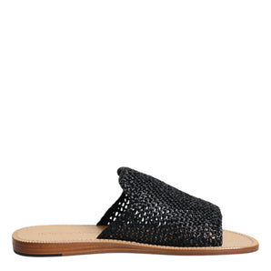 Dolce & Gabbana Black Monochrome Braided Raffia Slides Shoes