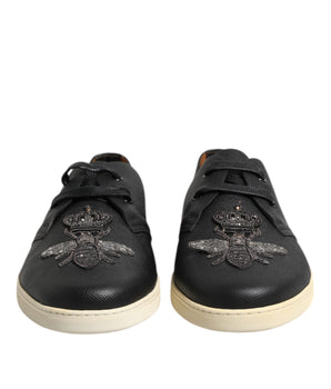 Dolce &amp; Gabbana Black Leather Bee Crown Low Top Sneakers Shoes