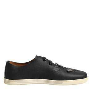 Dolce & Gabbana Black Leather Bee Crown Low Top Sneakers Shoes