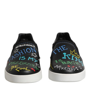 Dolce & Gabbana Black Leather Studded Graffiti Sneakers Shoes