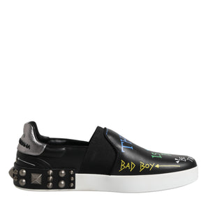 Dolce & Gabbana Black Leather Studded Graffiti Sneakers Shoes