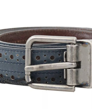 Dolce & Gabbana Blue Perforated Leather Gray Buckle Belt