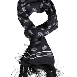 Dolce & Gabbana Black Silk Crown Fringes Men Foulard Scarf
