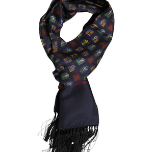 Dolce &amp; Gabbana Blue Silk Printed Fringes Foulard Scarf