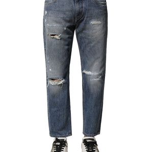 Dolce & Gabbana Blue Washed Tattered Straight Fit Denim Jeans