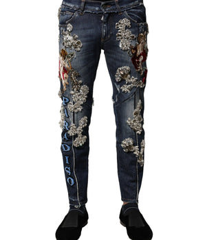 Vaqueros de mezclilla de algodón azul con adornos de diamantes de imitación de Dolce &amp; Gabbana