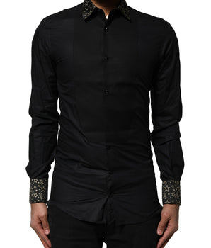 Camisa de vestir Dolce &amp; Gabbana de algodón negro dorado de manga larga