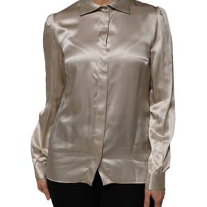 Dolce & Gabbana Beige Satin Silk Collared Long Sleeves Top